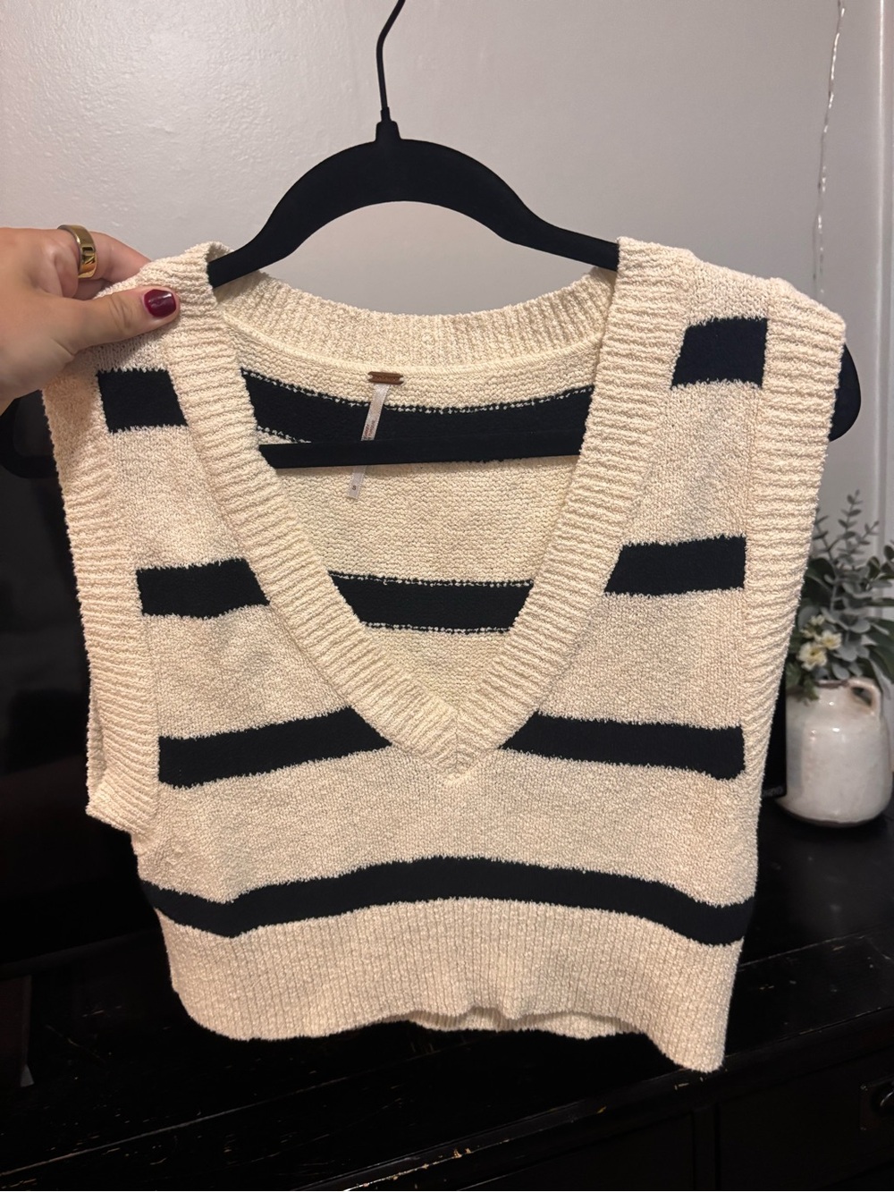 Free People Cream and Black Striped Knit V-Neck Tank